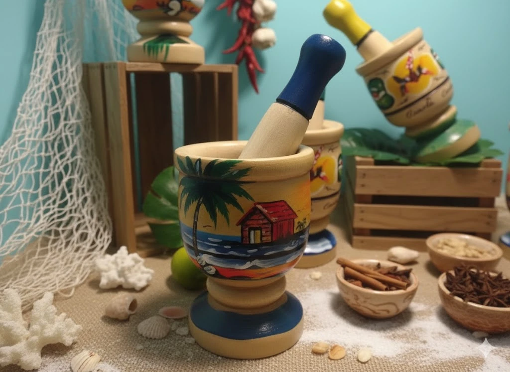 Pilón Artesanal Caribeño "Sabor Tropical" - Madera Pintada a Mano